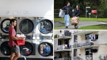 (clockwise from left) Grant Gornick at WashWorks Laundromat in Wollongong, UOW students Lilijana Gerstner and Tiarna Bill walking to uni to get their clothes washed and dried, and washing on a balcony. Pictures by Sylvia Liber
